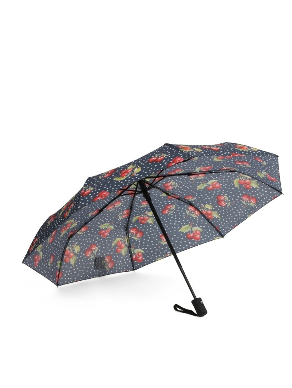 NWT Compact Umbrella Black Red White Polka Dots Fruit and Cherries